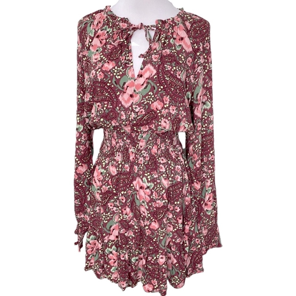 aerie Long Sleeve Floral Smocked Mid-Section Casual Dress